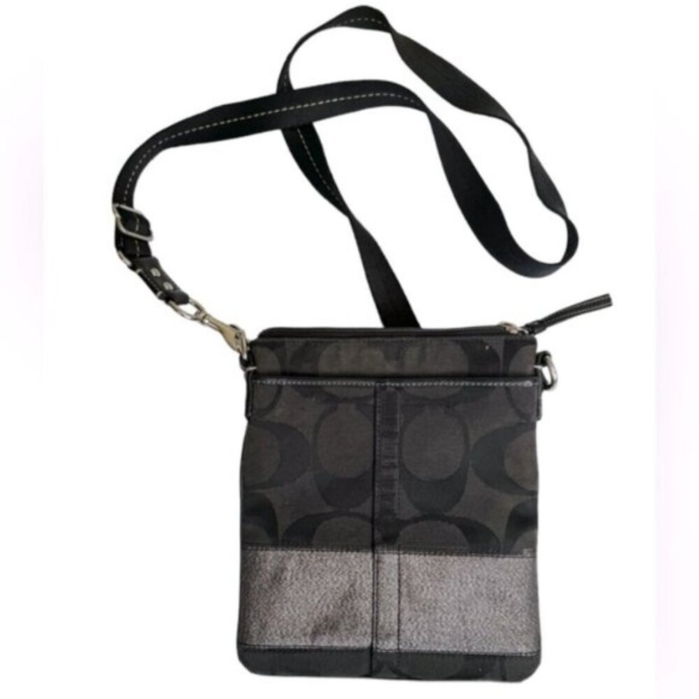 Coach Signature CC Crossbody Shoulder Bag Pocket Metallic Canvas Zip Minimalist